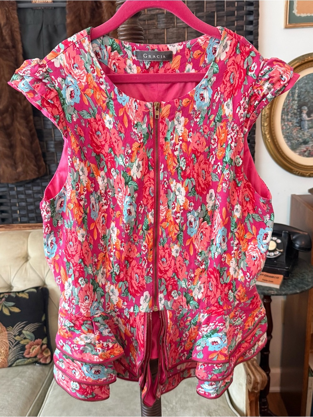 🌸 Gracia Floral Zip Front Peplum Top Ruffle Hem Cottagecore Garden Party Small